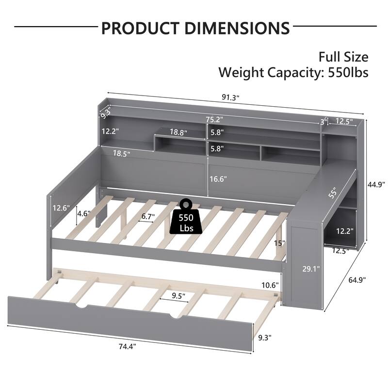 Wooden Daybed with Bookcase Storage Shelves, Storage Platform Bed with Pull-Out Trundle Bed and Built-In Study Desk