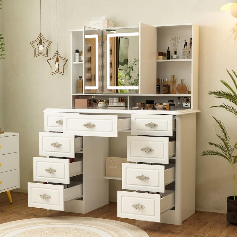 43.3"W Makeup Vanity White Vanity Desk with Hidden Storage Shelves