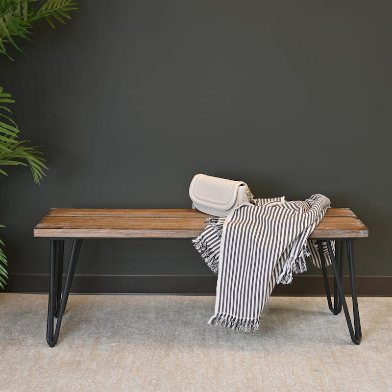 Industrial Wood Dining Bench, Rustic Dark Pine Finish - Brown