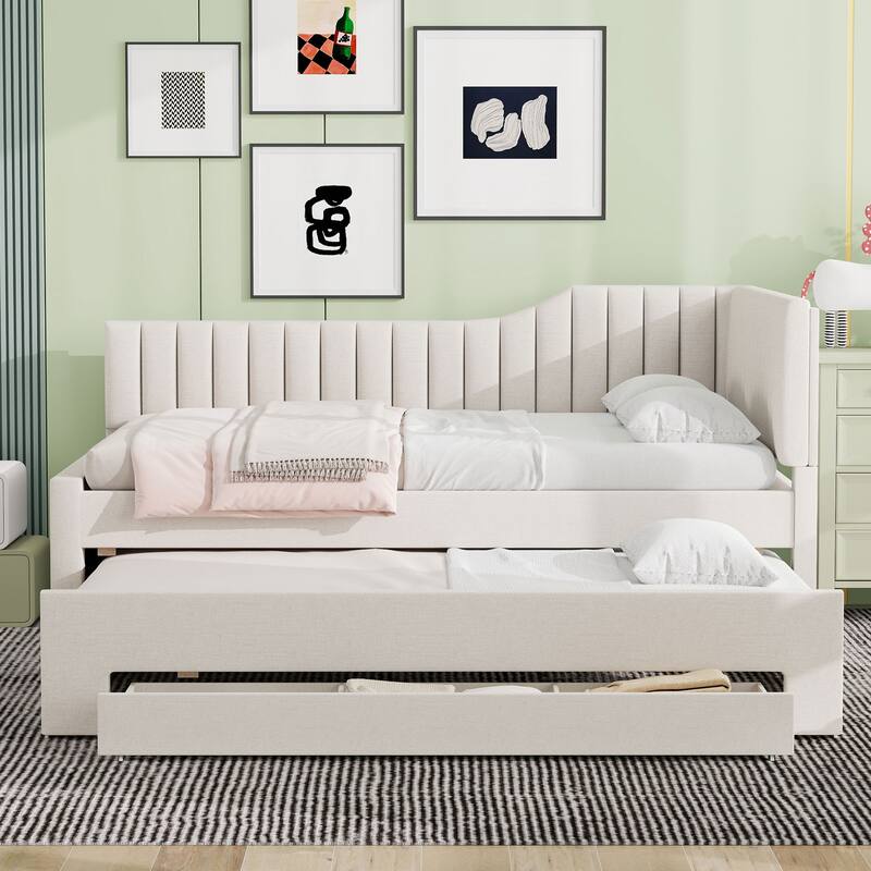Full Size Upholstered Daybed with Trundle and Three Drawers, Beige