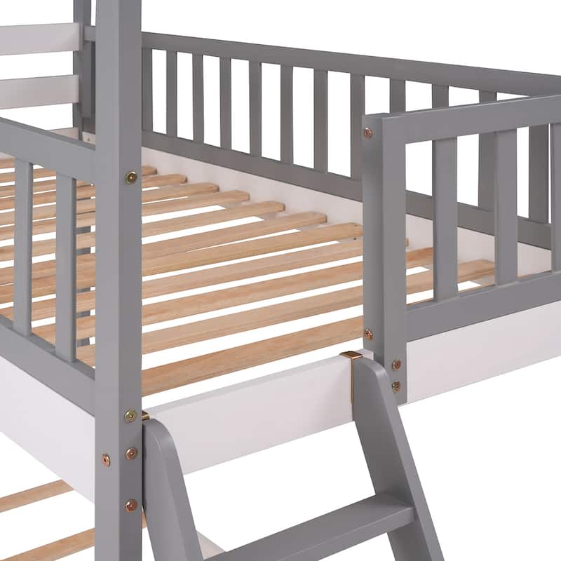 Twin Over Twin Bunk Bed Wood Bed House Bed with A Ladder and Storage Rack, with Wooden Safety