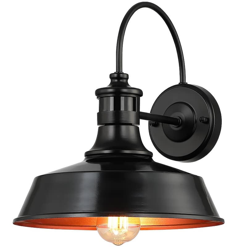 1-Light Black Motion Sensor Outdoor Wall Sconce Barn Light - 12-in W