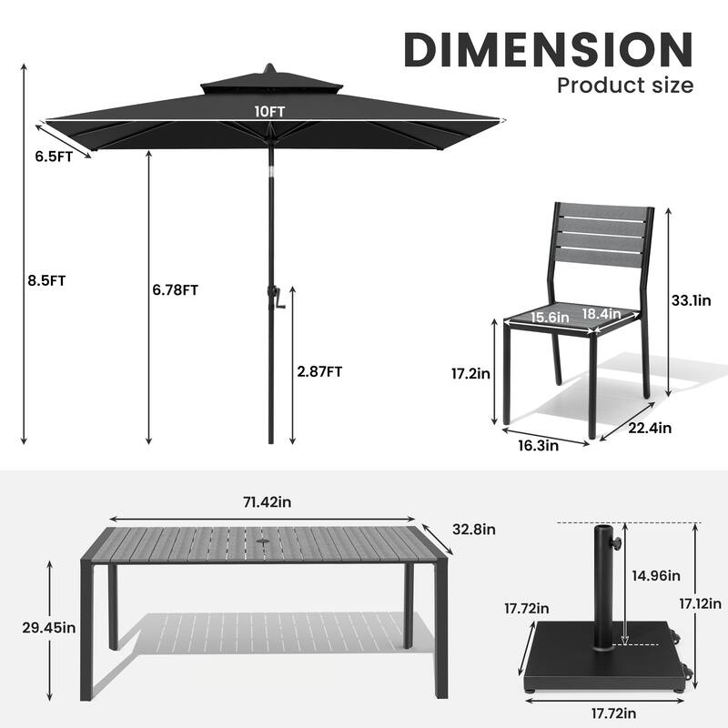 9/11-Piece Outdoor Dining Set Aluminum Table and Stackable Chairs w/10 ft Umbrella and Base