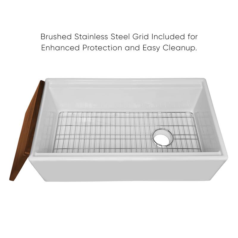 Front apron single bowl fireclay kitchen sinks with walnut wood cutting board and stainless steel grid