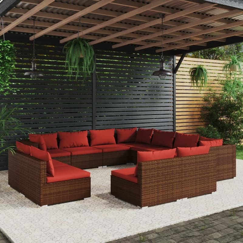 vidaXL Patio Lounge Set Outdoor Sectional Sofa Set Table Garden Poly Rattan - 27.6" x 27.6" x 23.8" - Brown/Cinnamon red 11 Piece