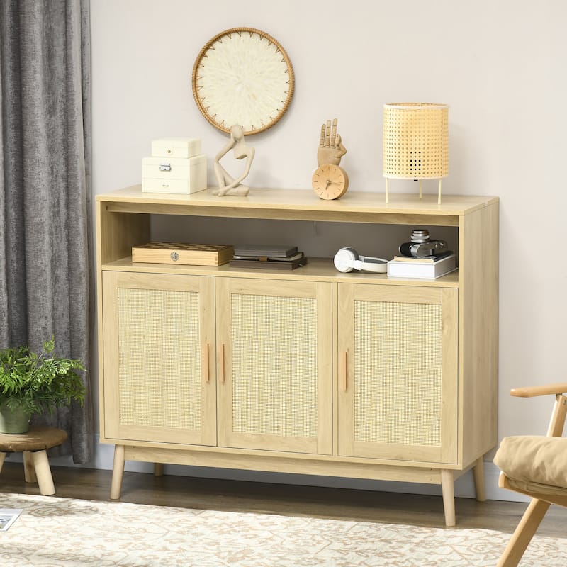 Boho Sideboard Buffet Cabinet with Rattan Doors, Natural - Natural Wood