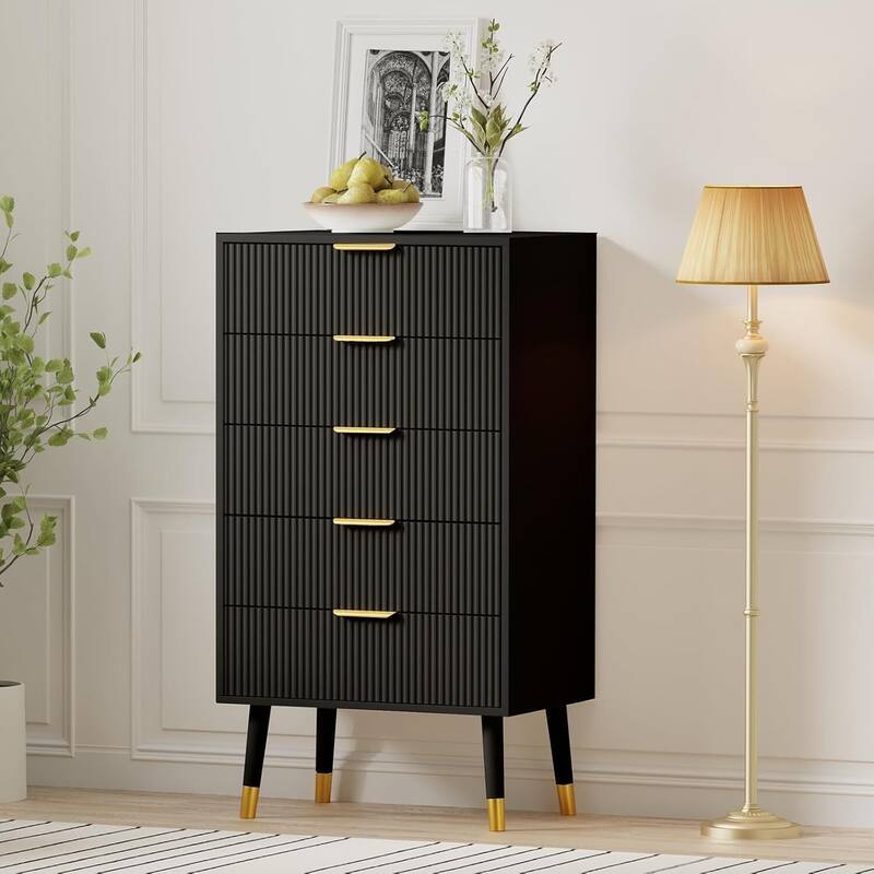 Modern 5 Drawer Dresser, Chest Cabinet Nightstand for Bedroom, Living Room - Black
