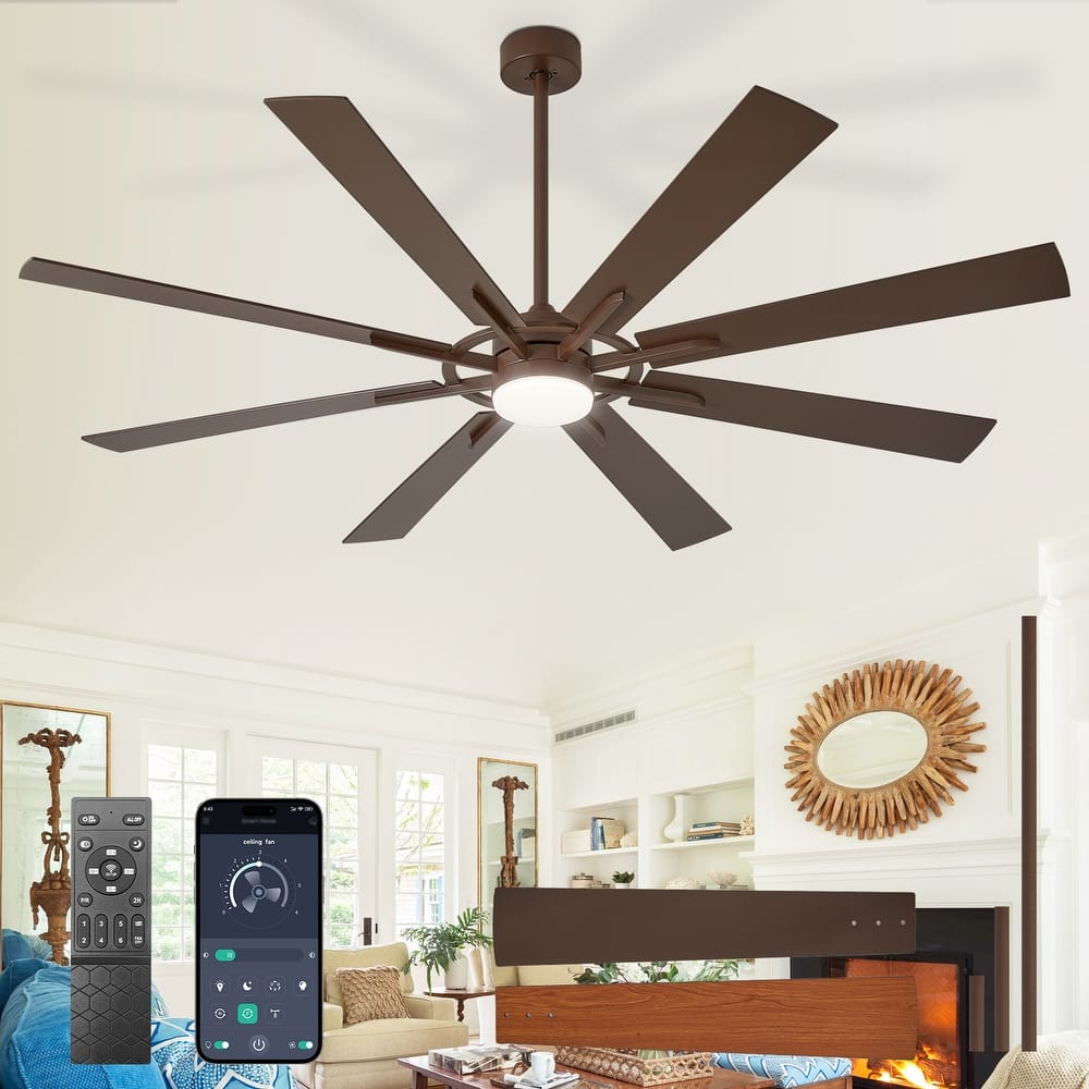 Modern 72 Inch 8 Blade Outdoor large Ceiling Fans with Lights: Dimmable Indoor Reversible 6 Speed Quiet DC Motor