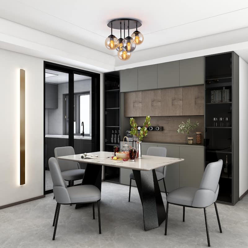 5 Lights Semi-Flush Mount Ceiling Light Smoky Gray&Amber Glass Globes - Dia.17.32-in