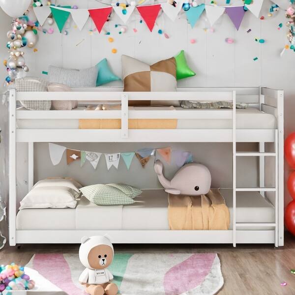slide 2 of 26, Stylish & Simple Twin Bunk Bed,Twin over Twin Floor Bunk Bed with Ladder White