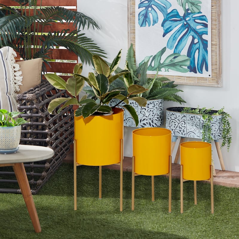 Yellow or Teal Metal Indoor Outdoor Planter with Removable Stand (Set of 3) - S/3 12", 14", 18"H