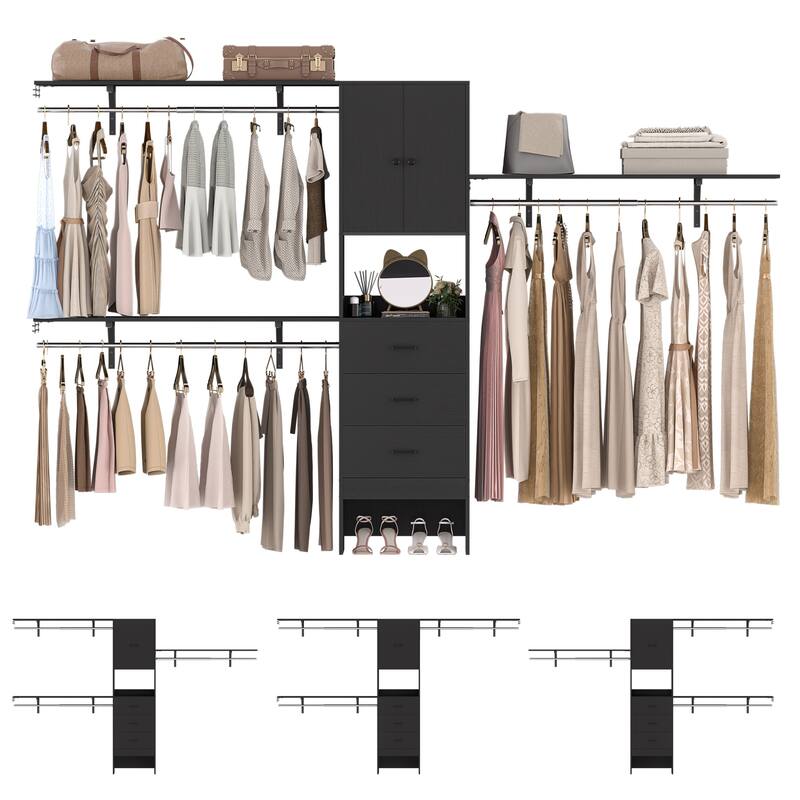 Rackcog 20.3'' - 120'' Large Closet Organizer with Doors, Closet System with Drawers and Hanging Rods (can be cut to fit)
