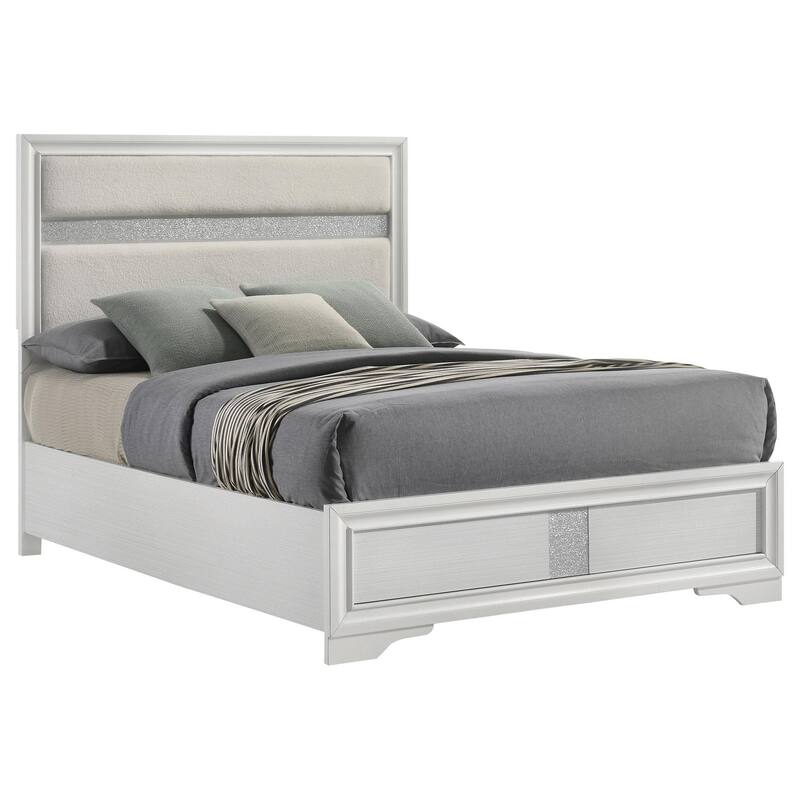 Vino Full Size Bed, Panel Headboard, White Upholstery, Glitter Stripes