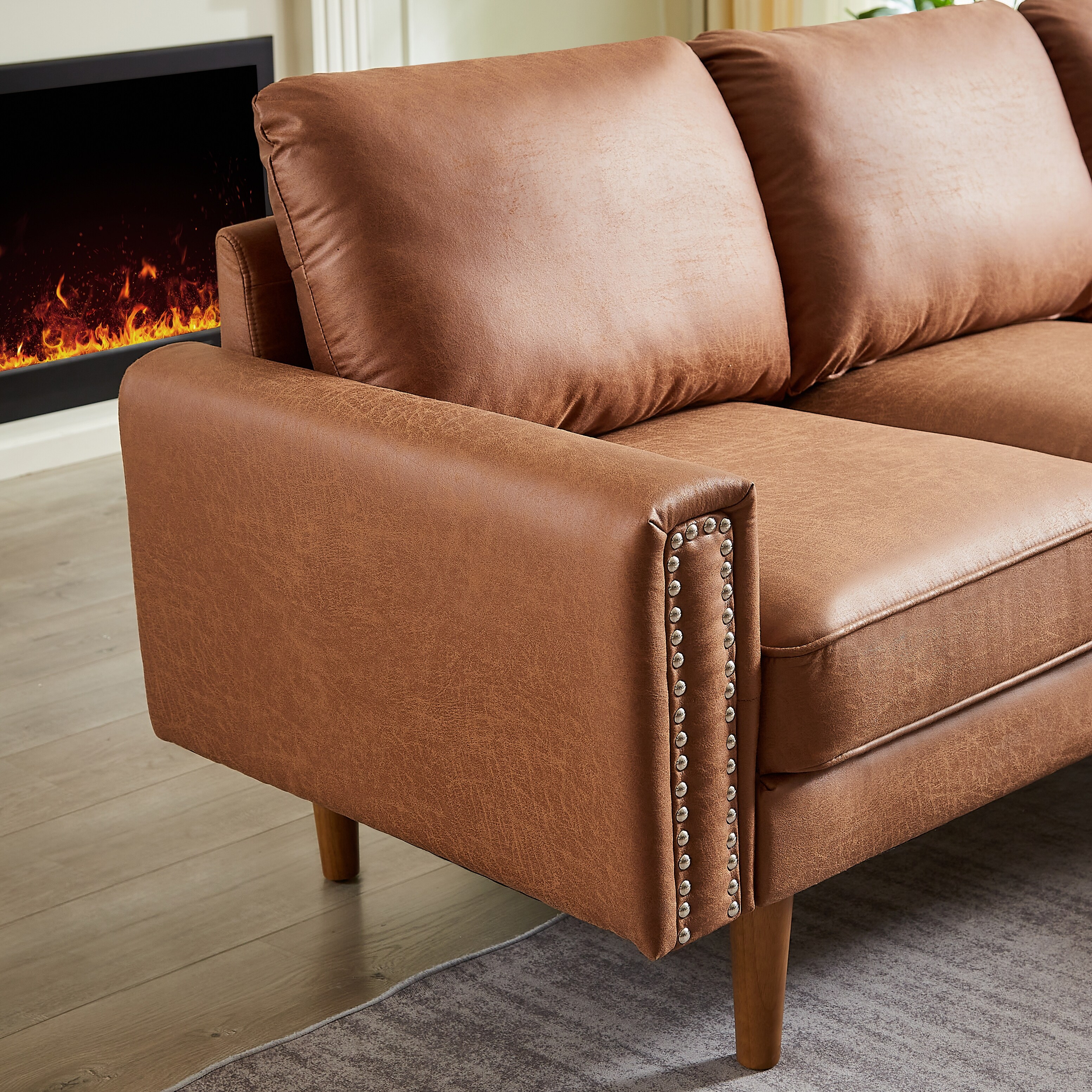 Brown 82.2'' Brown PU Leather L-Shaped 3-Seater Sofa with Right
