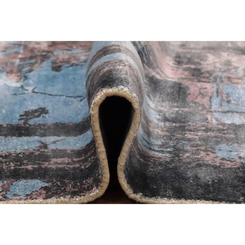 Hand Knotted Oriental Viscose Silk Carpet Modern Pictorial Navy Blue & Blues Abstract Area Rug - 6' 4'' X 4' 8''