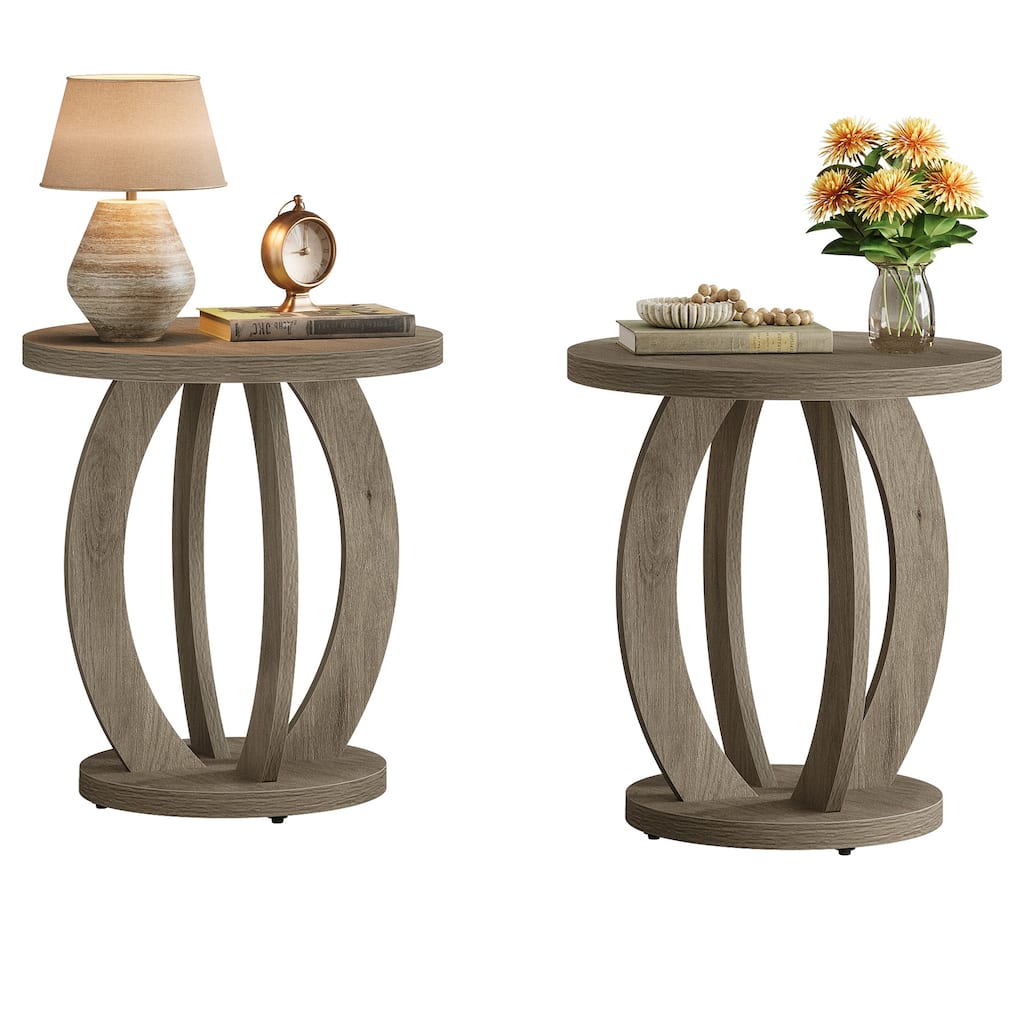 Round Side Table with Storage, Farmhouse End Table for Living Room Small Space