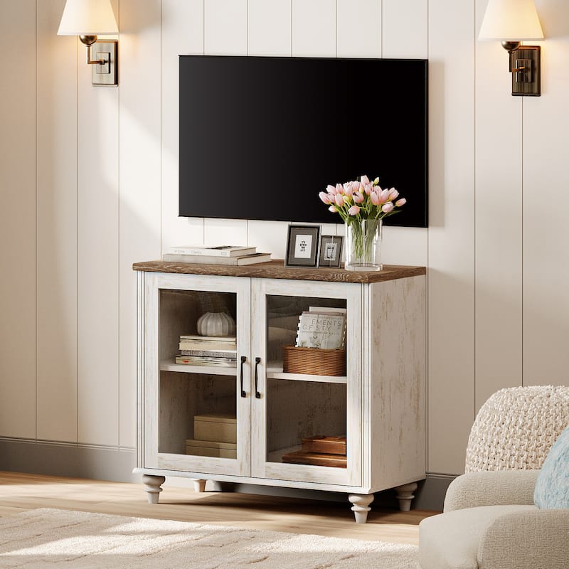 TV Stand with Glass Doors, TV Console Table TV Cabinet