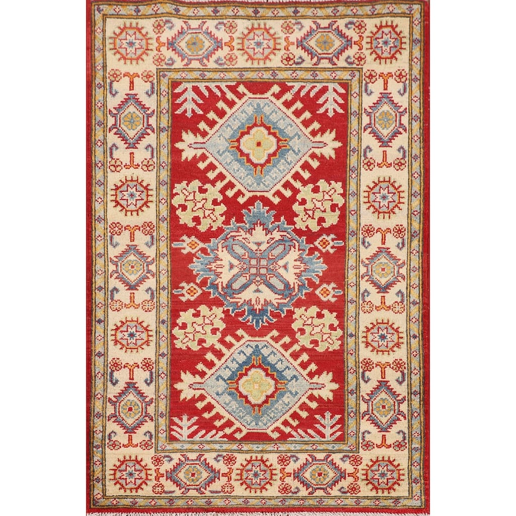 Traditional Kazak Accent Rug Hand-Knotted Geometric Wool Carpet - 2'10" x 4'2"