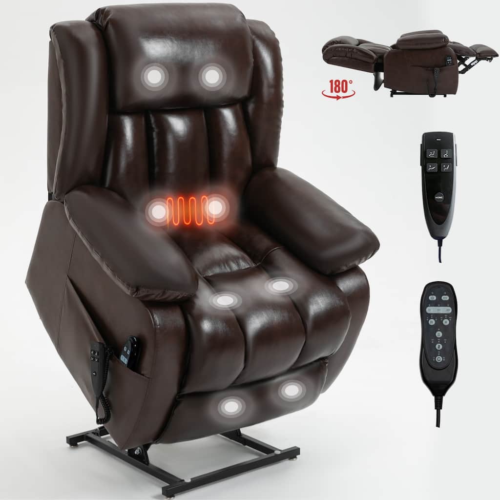 Brown Medium Electric Power Lift Recliner in Genuine Leather with Dual Motors, 8-Point Massage, and Lumbar Heat
