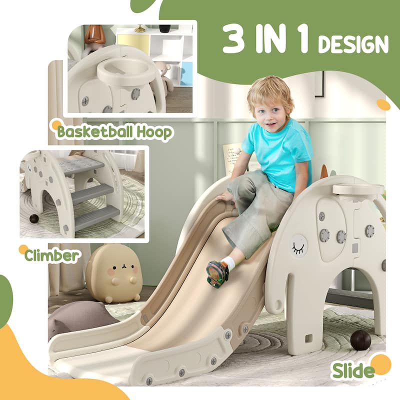 3 in 1 Toddler Slide for Years 1-3, Kids Slide with Climber, Basketball Hoop, Elephant-Shaped Indoor Slide, Cream White