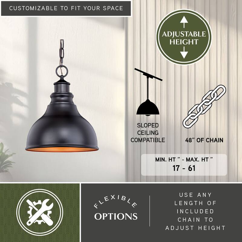 Delano 1 Light Bronze Gold Farmhouse Outdoor Barn Dome Pendant - 11-in W x 13-in H x 11-in D