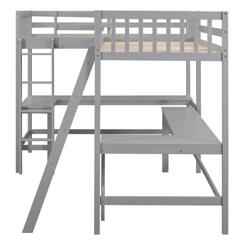 Twin Size Wood L-Shaped Loft Bed with Ladder and 2 Built-in Desks