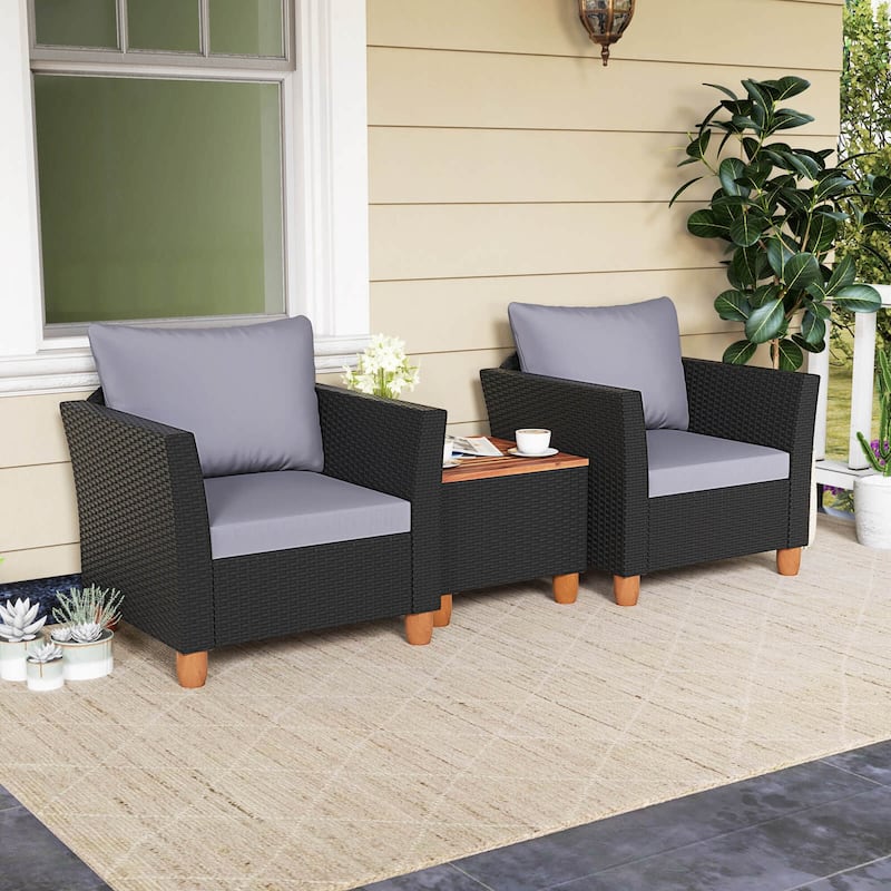 3 PCS Patio Rattan Furniture Set Cushioned Storage Table w/ Wood Top