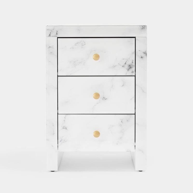 Modern Handmade Marble Nightstand 3 Storage Area Drawers & Tempered Glass，Suitable for Apartment
