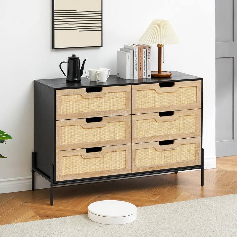 Eie Rattan BedroomDresser Organizer Units for Living Room - Black - 6-drawer