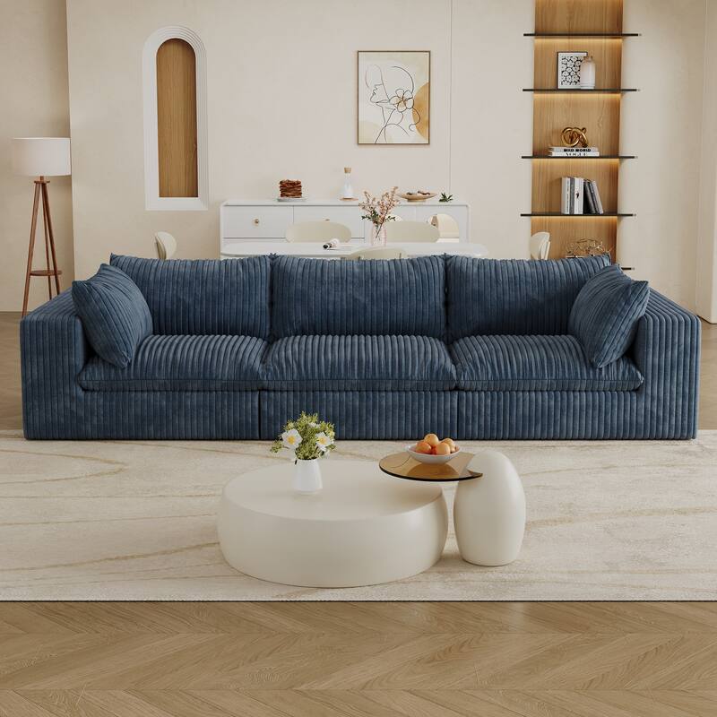 Pure Sponge Frame Lounge Sofa 3 Seater Corduroy Upholstered Modular Couch with Removable Down Fill Cushions and Pillows - Blue