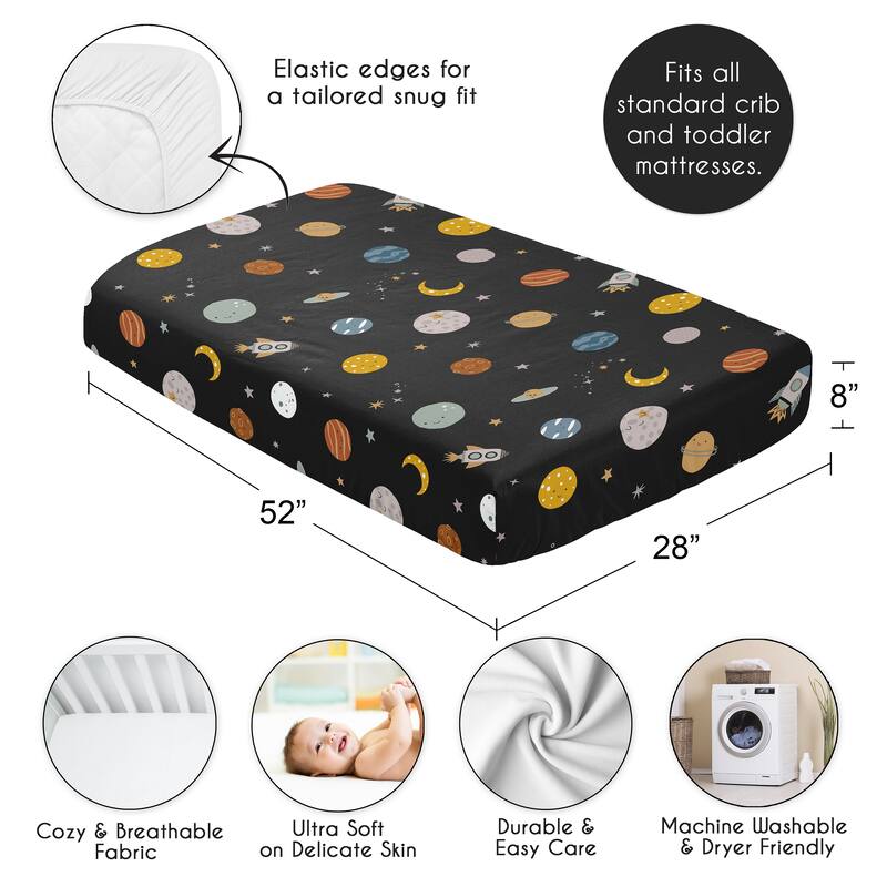 Sweet Jojo Designs Black Space Themed Boy Fitted Crib Sheet -Moon & Stars, Whimsical, Outerspace, Galaxy Planets, Rockets, Moons