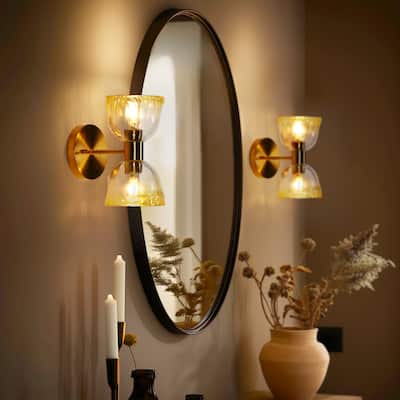 Modern Gold 2-Light Wall Sconce Colored Glass Bathroom Vanity Light - D8.2" x H10"