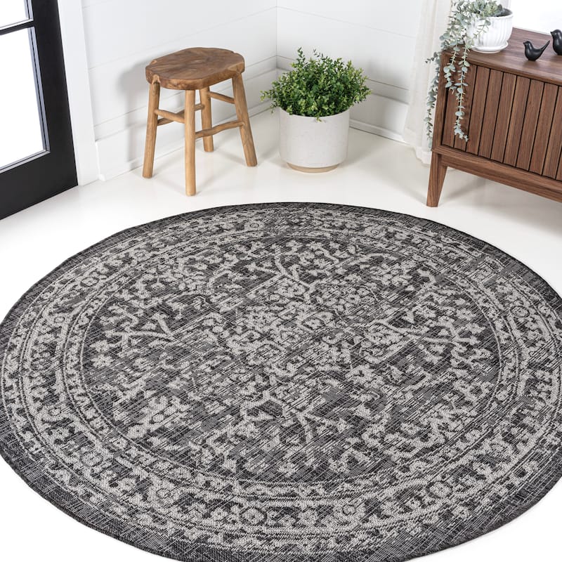JONATHAN Y Medallion Textured Weave Indoor/Outdoor Area Rug - 8' Round - Black/Gray