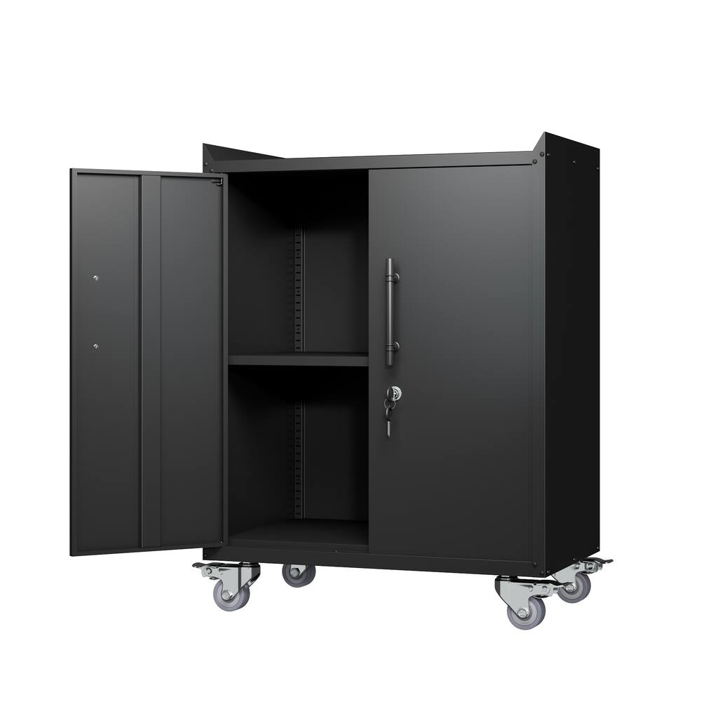 Black Metal Rolling Garage Storage Cabinet with Adjustable Shelves and Lockable Door - 30.31 x 18.11 x 35.40 in (L x W x H)