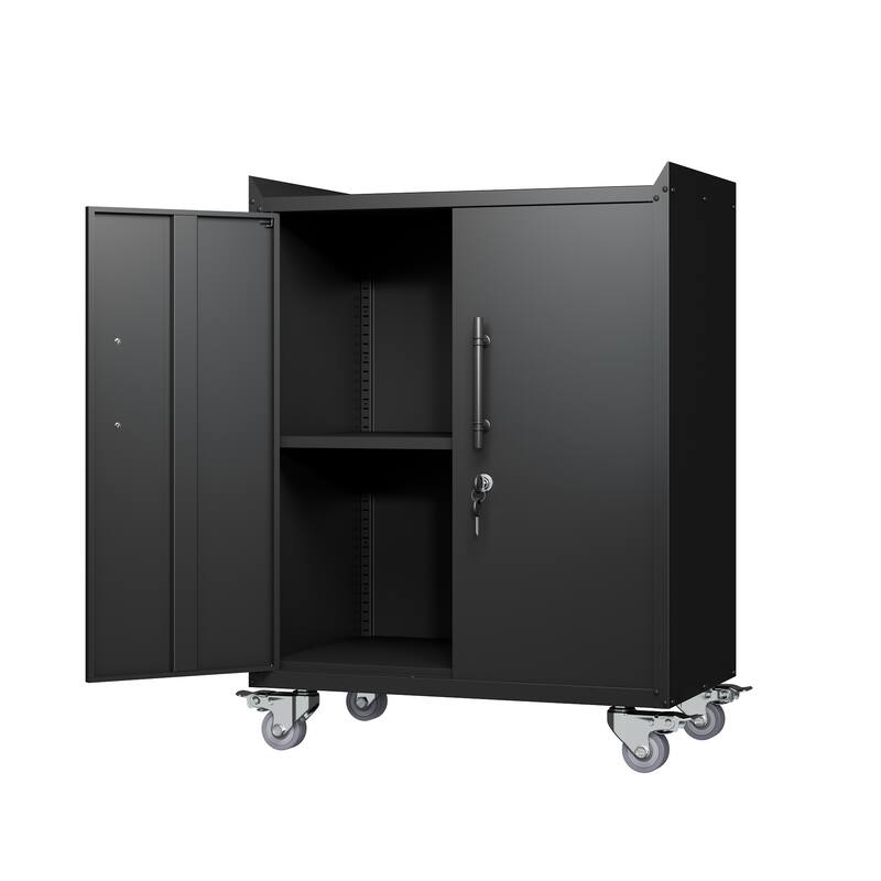 Black Metal Rolling Garage Storage Cabinet with Adjustable Shelves and Lockable Door - 30.31 x 18.11 x 35.40 in (L x W x H)