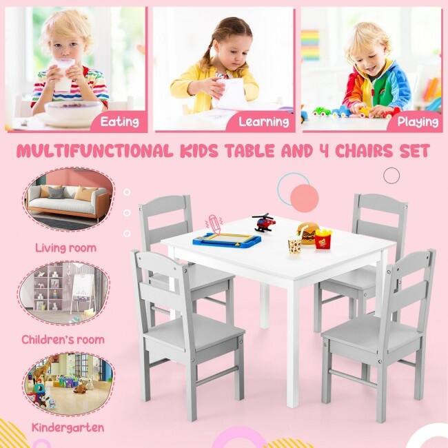 Kids 5 Pieces Table and Chair Set Wooden Children Activity Playroom Furniture Gift - table: 26" x 22" x 19" (L x W x H)