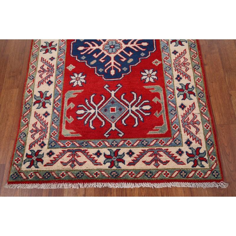 Red Geometric Kazak Accent Rug Handmade Wool Carpet - 2'9" x 4'1"