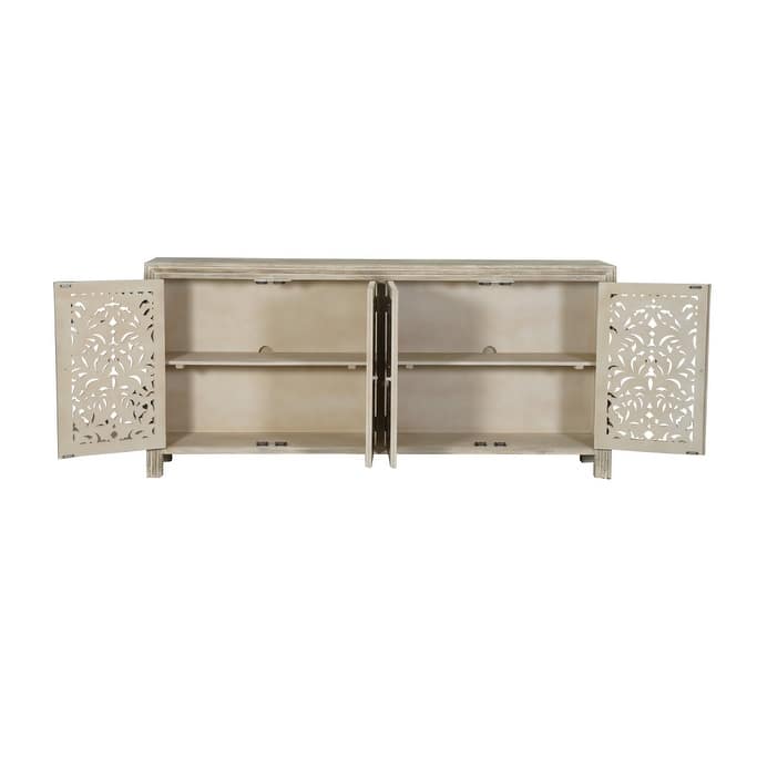 HomeRoots 78" Gray Distressed Solid Wood Carved Floral Sideboard with Four Doors - 78.00 in. x 36.00 in. x 16.00 in.