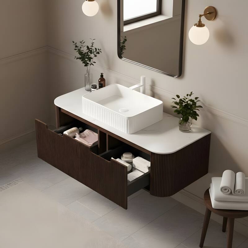 Wall Mounted Bathroom Vanity with White Rectangular Ceramic Basin