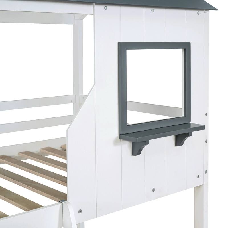 Twin Over Twin Bunk Bed Wood Bed with Roof, Window, Guardrail, Ladder (White)