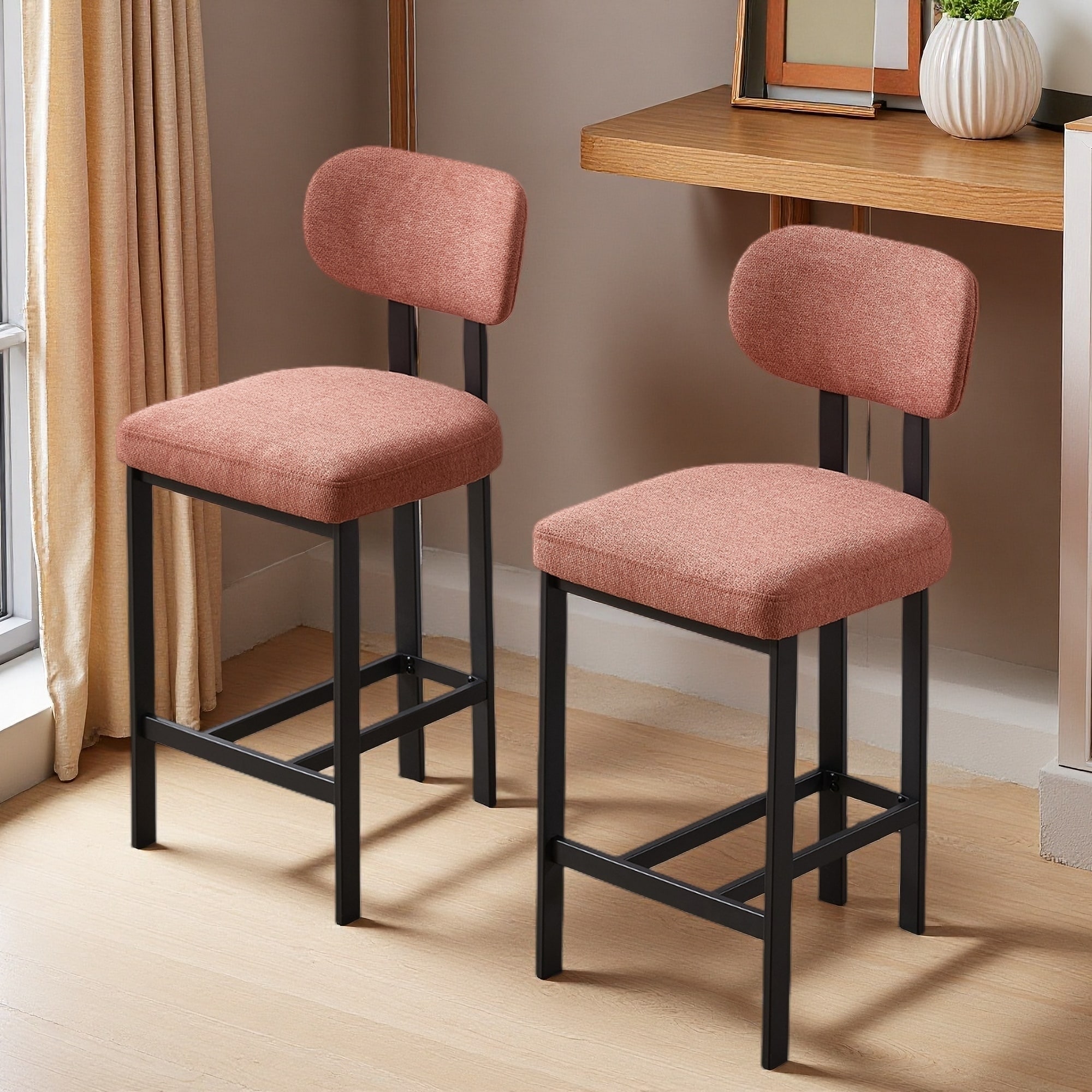 Upholstered Fabric Bar Stools Set of 2 with Thick Cushions