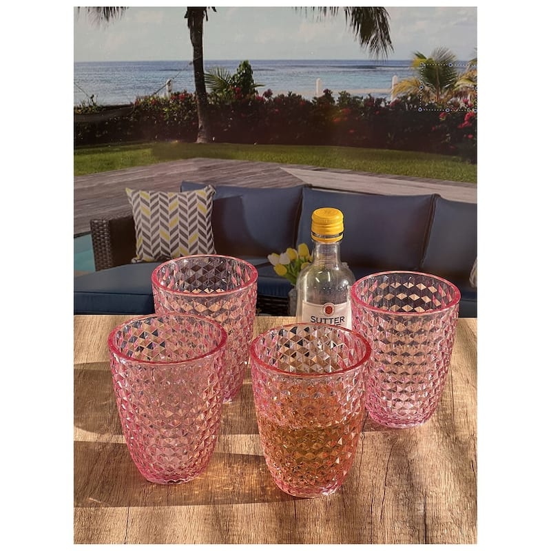 Diamond Cut Acrylic Glasses Drinking Set of 4 (12oz), Plastic Drinking Glasses, BPA Free Cocktail Glasses
