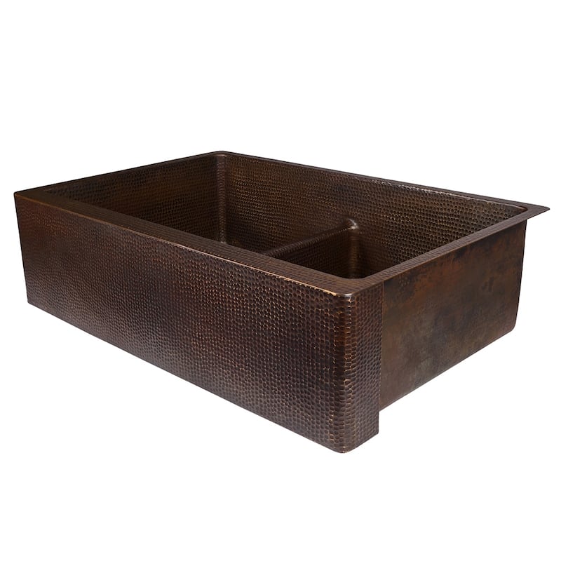 33-in Hammered Copper Kitchen Apron 50/50 Double Basin Sink with Short 5-in Divider w/ Accessories (KSP3_KA50DB33229-SD5)