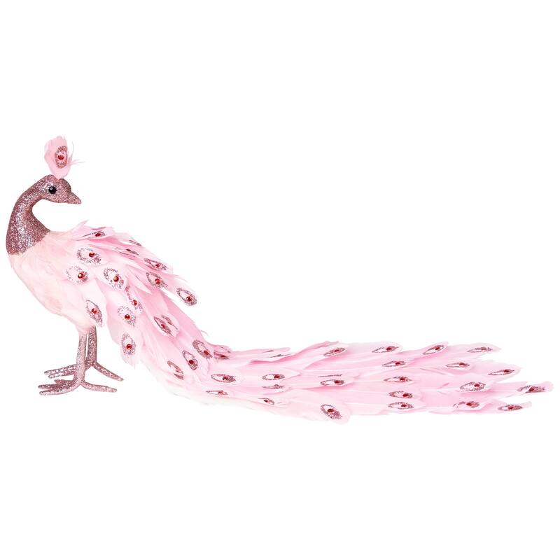 Peacock with Glitter and Faux Jewels Christmas Decoration - 20" - Light Pink