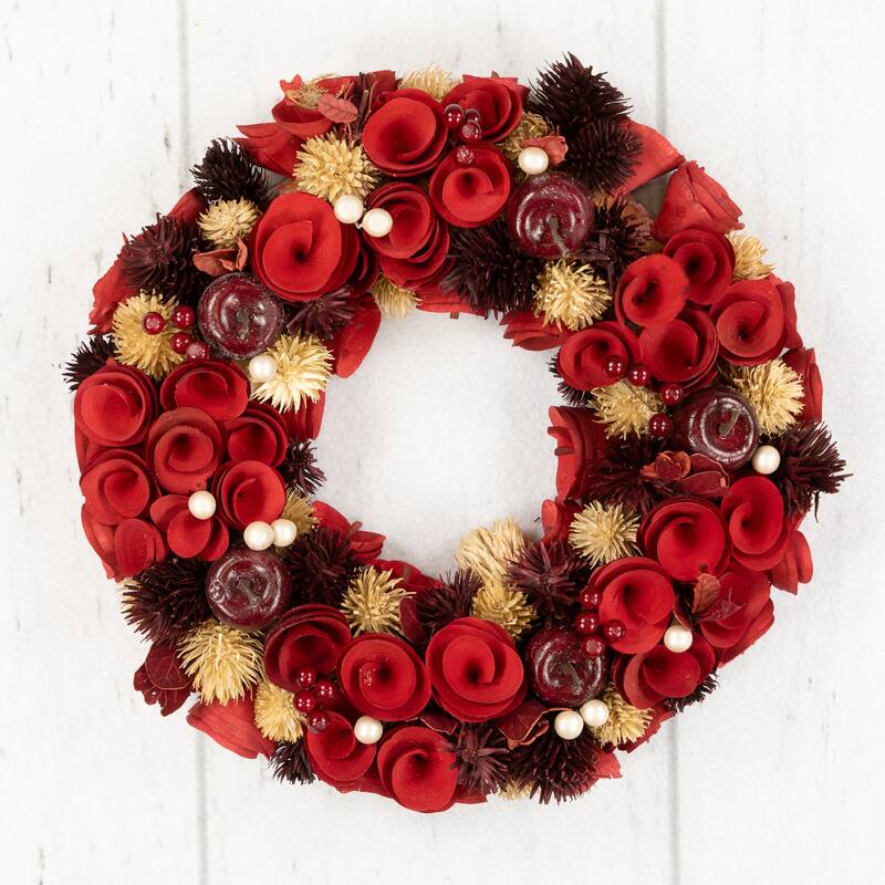 Red Wooden Roses with Apples and Pearls Artificial Christmas Wreath 13-Inch Unlit. - 13"