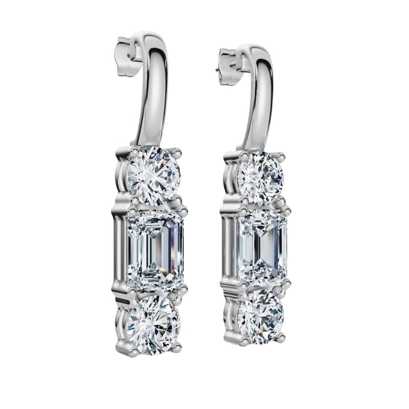 F/VS 6Ct Emerald & Round Cut Diamond Earrings Gold Lab Grown 1 1/3" Tall