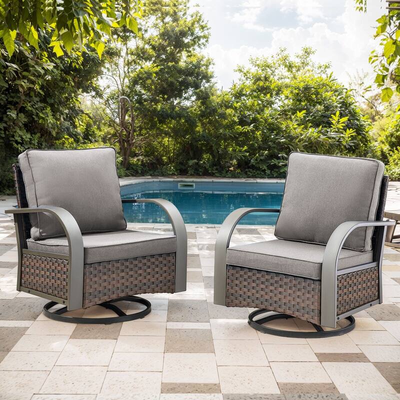 Pocassy Outdoor Patio Sofa Chairs Ottoman Set Funiture - 2PCS Swivel Chair - Brown Rattan - Grey Cushion