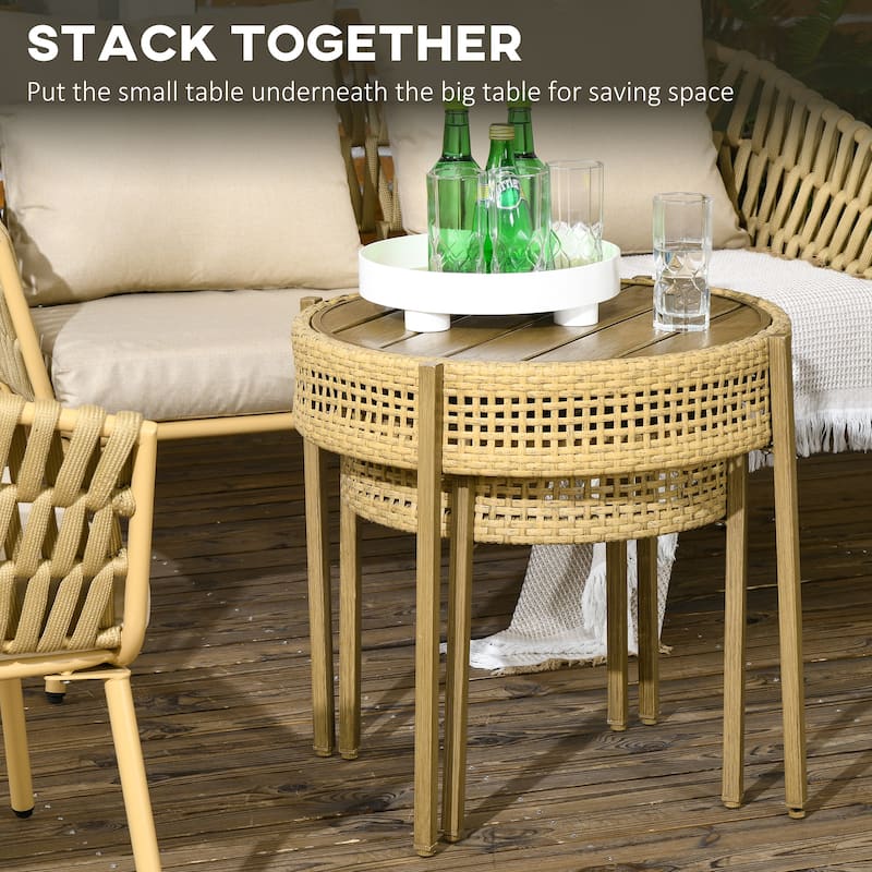 Outsunny 2 Pieces Wicker Patio Table Set, PE Rattan End Table Set, Outdoor Round Coffee Table Sets, Multi-functional, Slatted