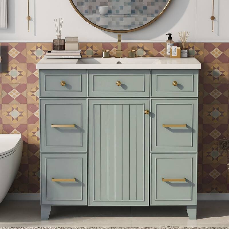 Modern 36-Inch Free-Standing Vanity with Single Sink, Storage Drawers & Adjustable Shelf