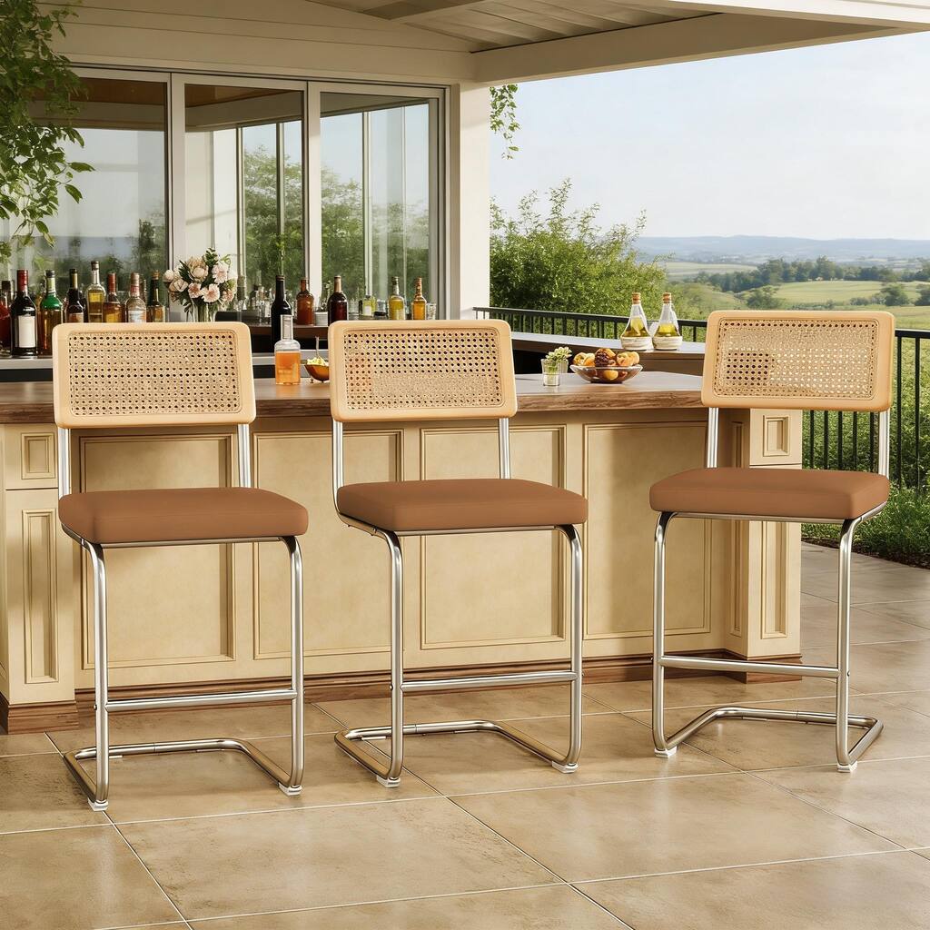 Set of 3 Counter Height Bar Stools with Woven Rattan Back and Footrest for Kitchen Island - 26" H
